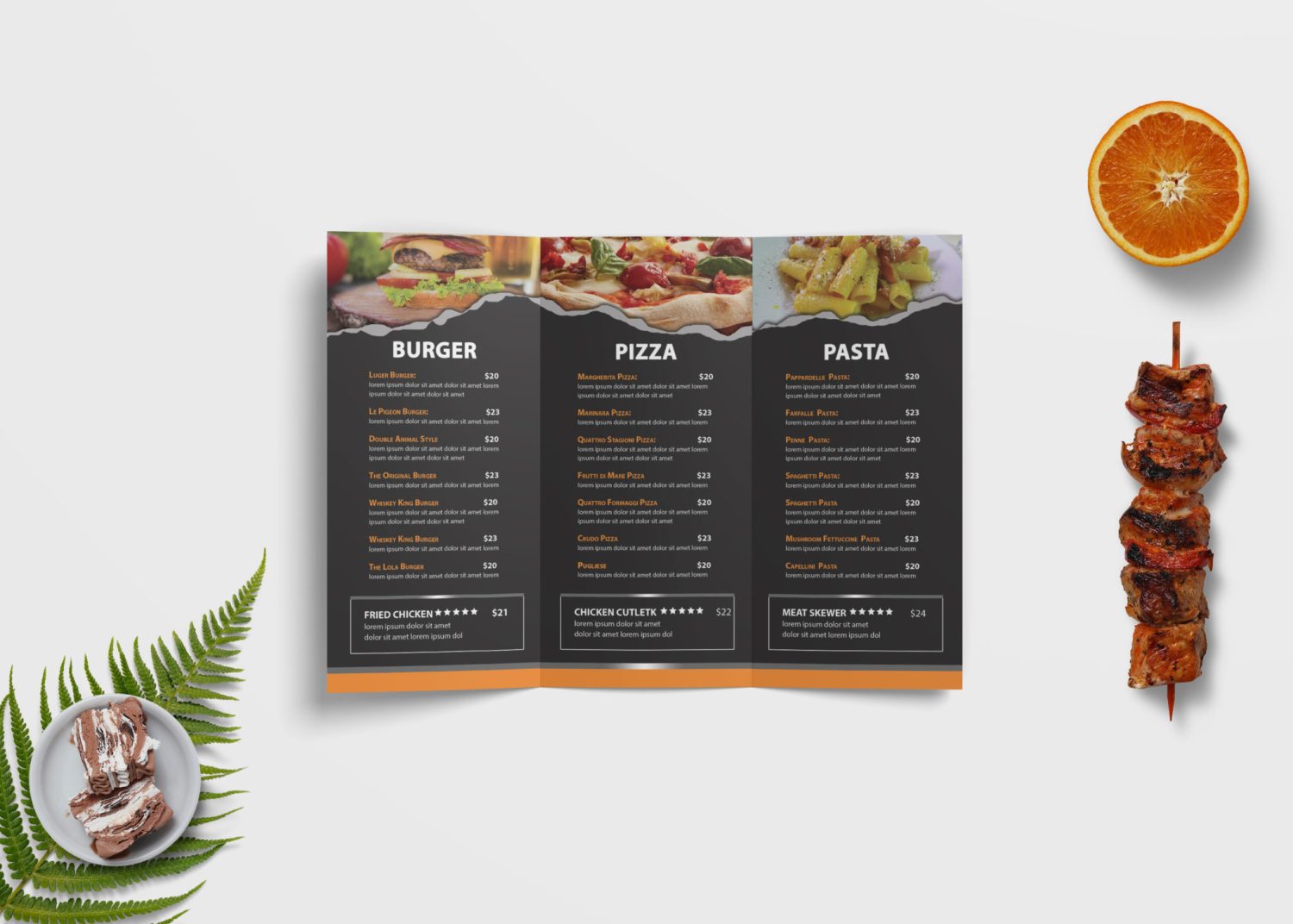Elegant Restaurant Tri-Fold Brochure Mockup